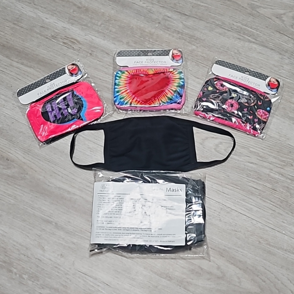 😷NIP~Bundle 5 Black Fruit of the Loom Face Masks, 3 Kids Face Protectors Unisex
